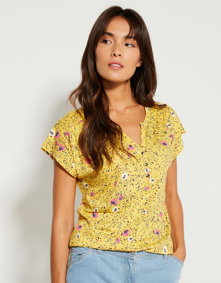 Tee-shirt col tunisien manches courtes, imprimé (jaune) Tee-shirt col tunisien manches courtes, imprimé (jaune)