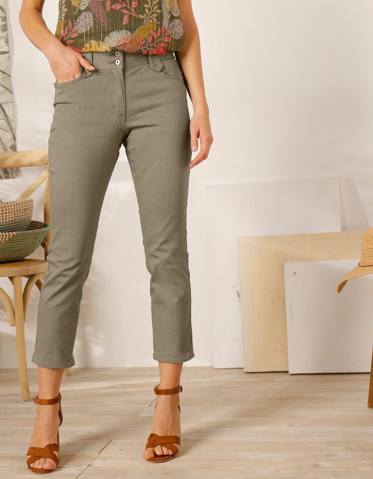 Pantacourt droit taille haute effet denim (kaki) Pantacourt droit taille haute effet denim (kaki)