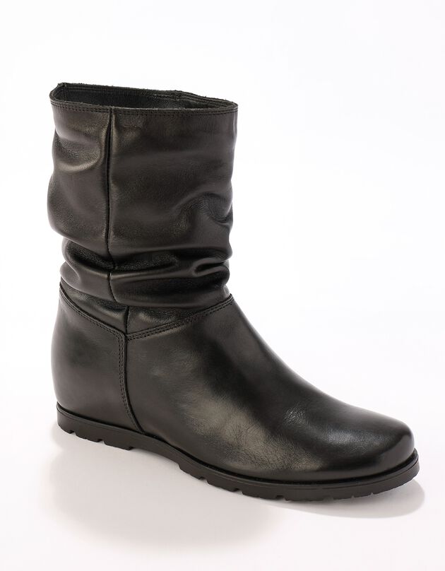 Bottes plissées mi-hautes en cuir avec semelle compensée invisible - noir (noir)