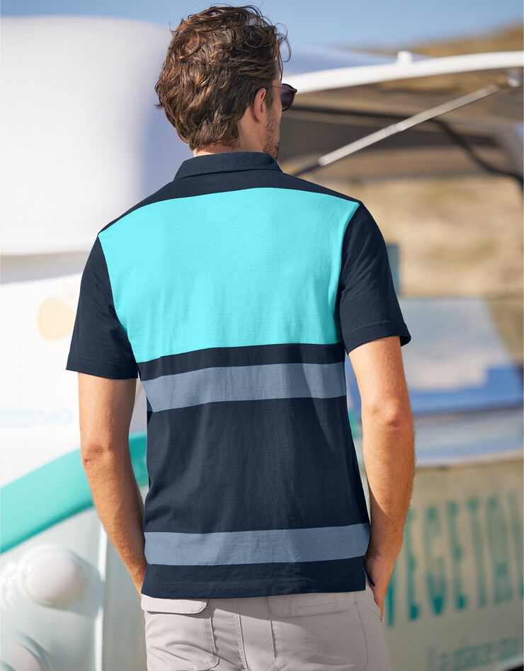 Polo en jersey rayé fils teints (turquoise / marine) Polo en jersey rayé fils teints (turquoise / marine)
