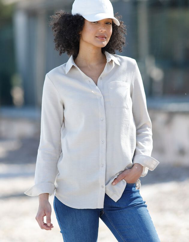 Chemise manches retroussables flanelle effet chiné (sable)