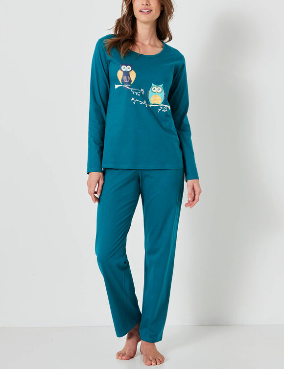 Pyjama en coton imprim&eacute; hiboux manches longues  (vert sapin)