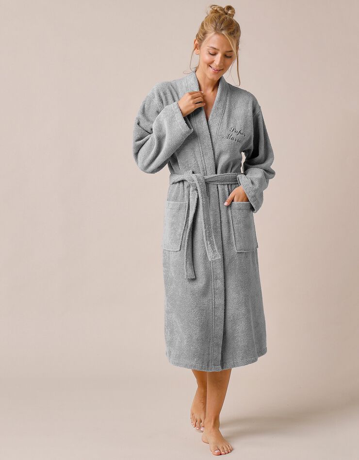 Peignoir mixte adulte uni coton éponge bouclette col kimono personnalisé (gris)