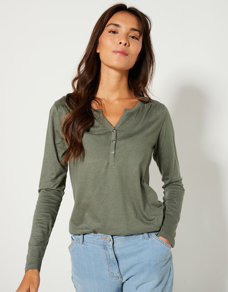 Tee-shirt col tunisien manches longues, uni (kaki) Tee-shirt col tunisien manches longues, uni (kaki)