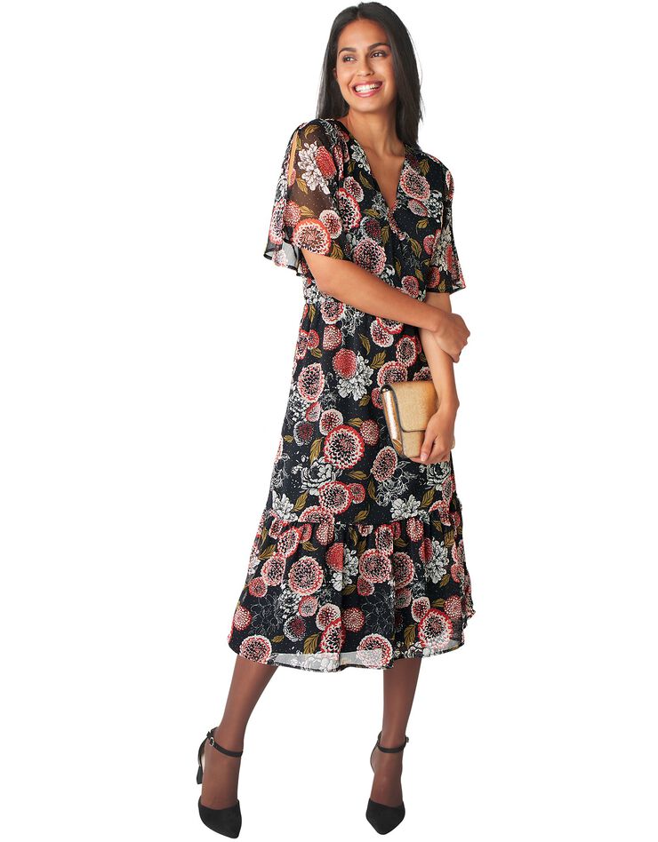 Robe cache-cœur mi-longue en voile imprimé (noir / paprika) Robe cache-cœur mi-longue en voile imprimé (noir / paprika)