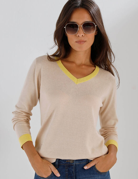 Pull col V bicolore (beige / jaune)