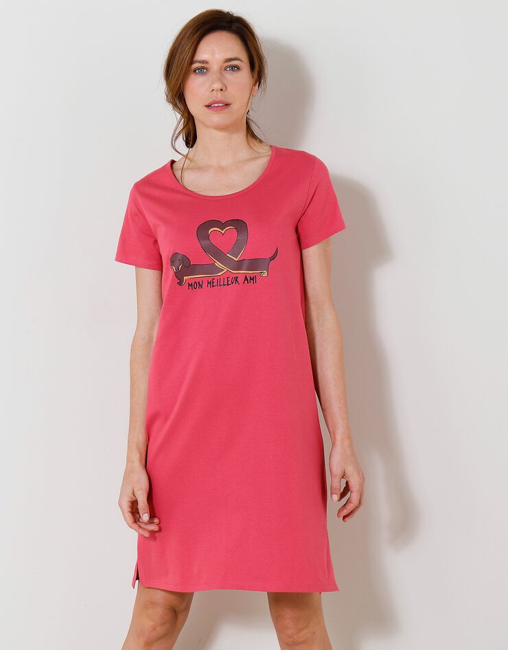 Chemise de nuit courte imprimé teckel "Mon meilleur ami" (rose indien)