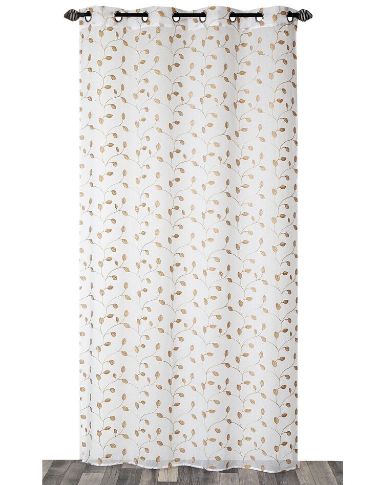 Panneau voile brodé Petites feuilles finition oeillets (blanc / doré)