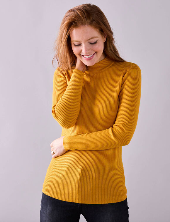 Pull col montant long, maille côtelée (curry)