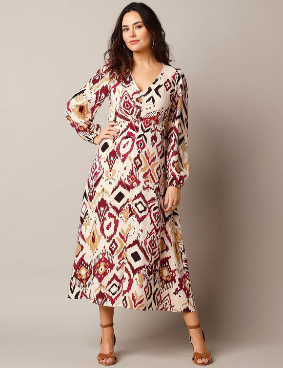 Robe longue col V, imprimé ikat (beige)