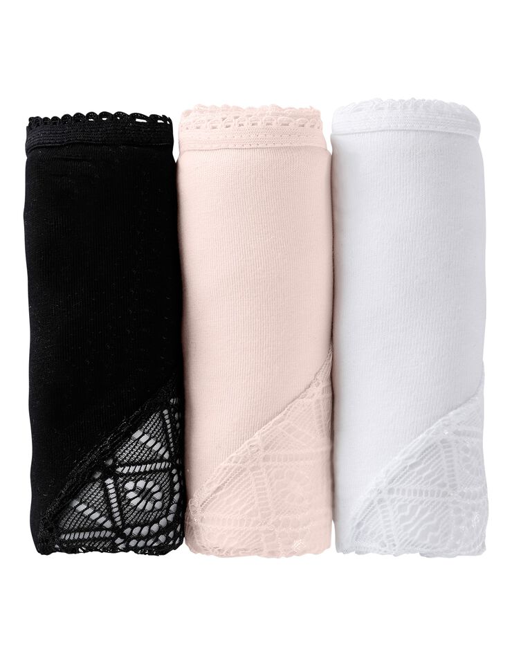 Culotte forme maxi coton uni stretch et dentelle  - lot de 3 (noir + nude + blanc)