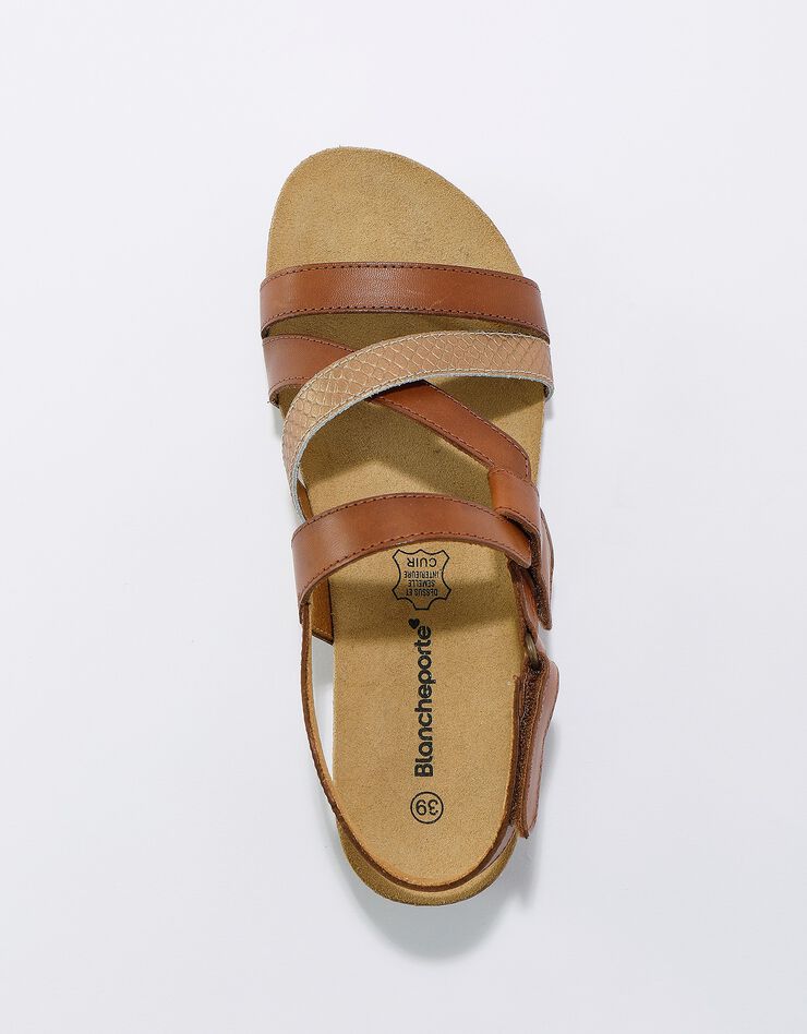 Sandales cuir scratchées compensées effet bois à semelle liège (bronze)