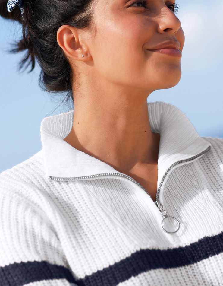 Pull rayé col zippé, maille anglaise toucher mohair (écru / marine) Pull rayé col zippé, maille anglaise toucher mohair (écru / marine)