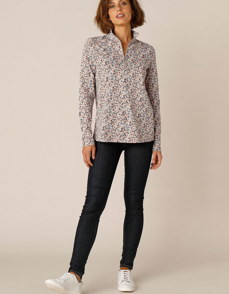 Tee-shirt col montant zippé imprimé (taupe) Tee-shirt col montant zippé imprimé (taupe)