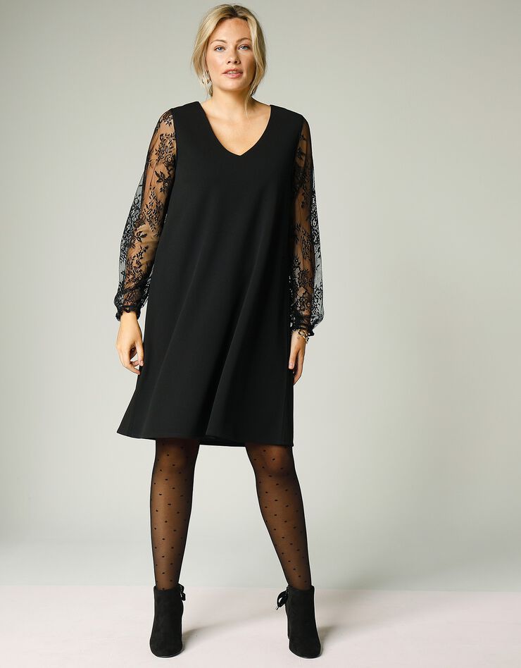 Robe trapèze noire unie manches dentelle ajourée (noir) Robe trapèze noire unie manches dentelle ajourée (noir)