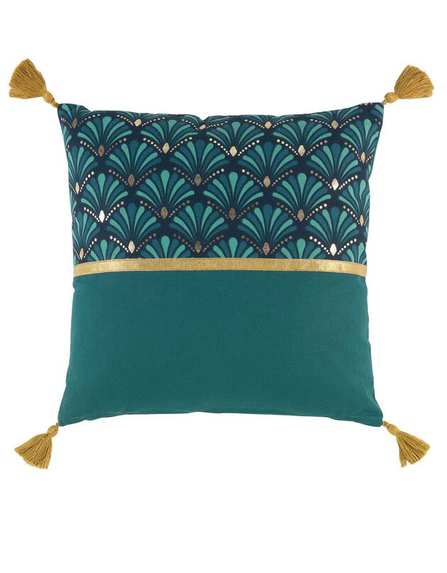 Coussin déhoussable coton motifs art déco (bleu / doré)