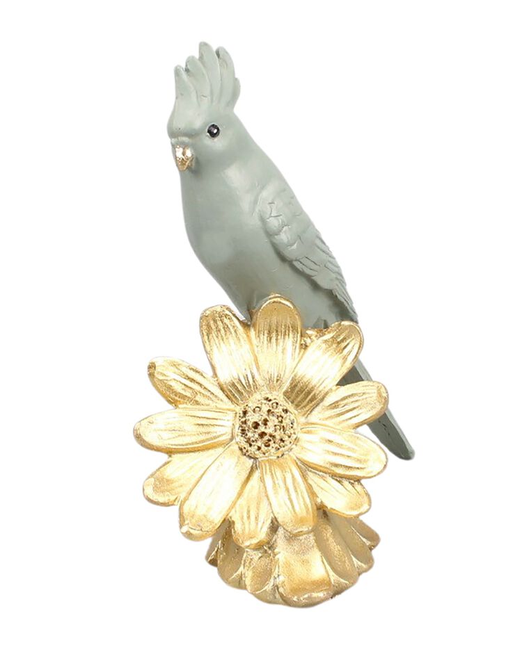Statuette perroquet sur fleur dorée (gris/doré)