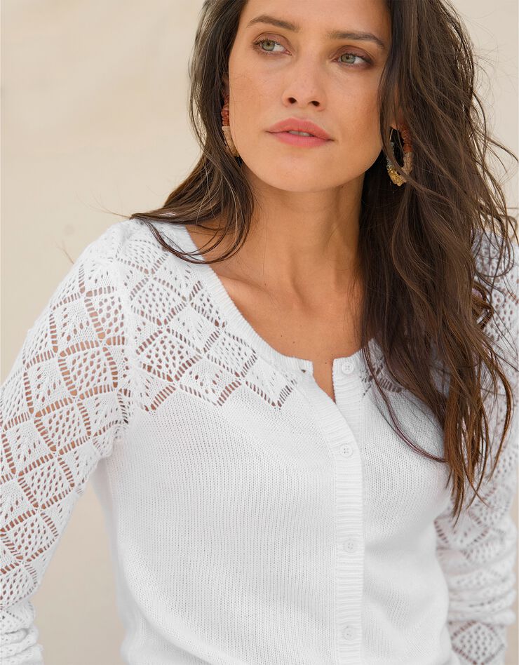 Cardigan boutonné, maille ajourée toucher cachemire (blanc) Cardigan boutonné, maille ajourée toucher cachemire (blanc)
