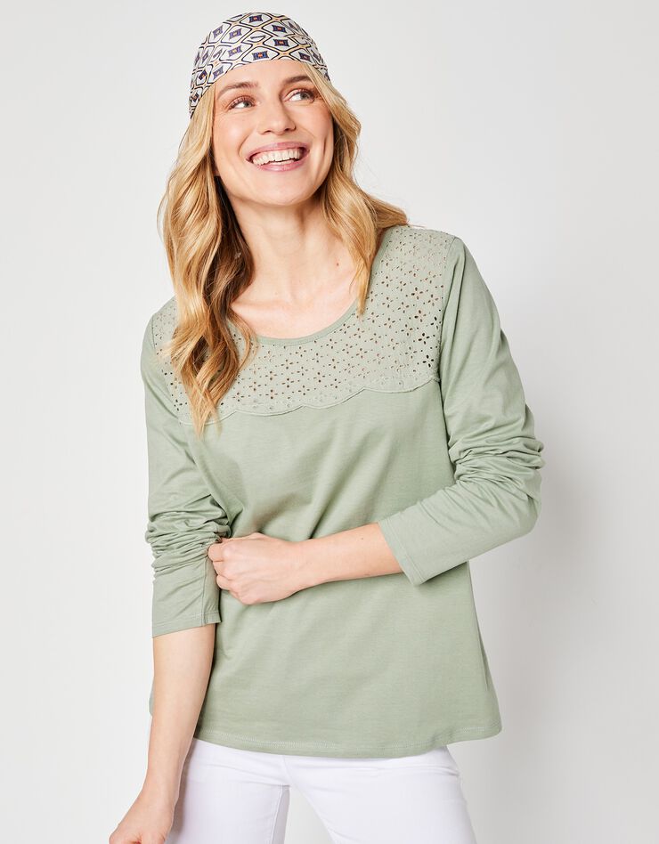 Tee-shirt manches longues, empiècement broderie anglaise (vert grisé) Tee-shirt manches longues, empiècement broderie anglaise (vert grisé)