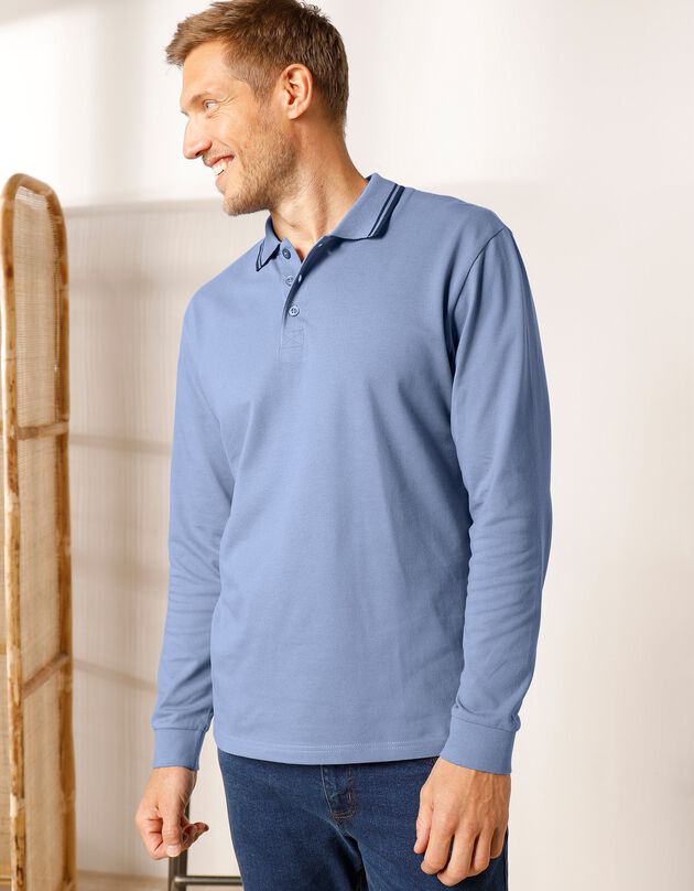 Polo uni maille piquée manches longues (bleu jean)
