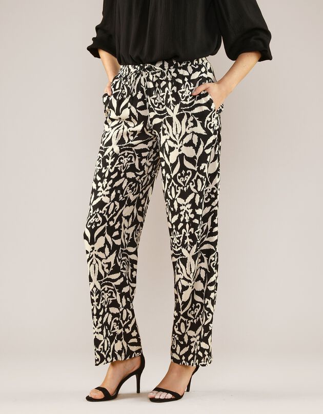 Pantalon large fluide, imprimé ethnique bicolore (noir / beige)