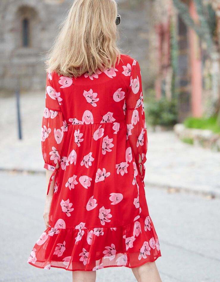 Robe voile fluide volanté imprimé fleuri (rouge / noir) Robe voile fluide volanté imprimé fleuri (rouge / noir)