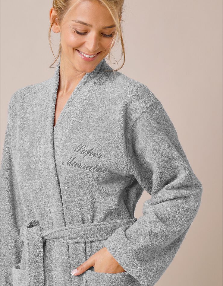 Peignoir mixte adulte uni coton éponge bouclette col kimono personnalisé (gris)