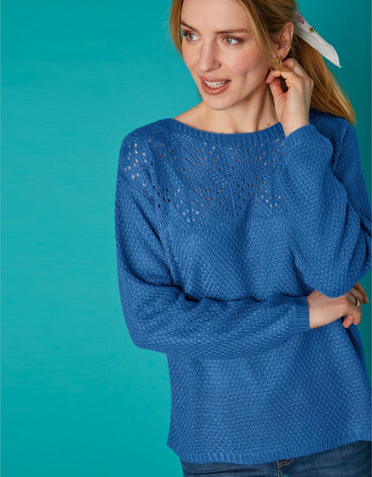 Pull col bateau, maille ajourée toucher mohair (bleu grisé) Pull col bateau, maille ajourée toucher mohair (bleu grisé)