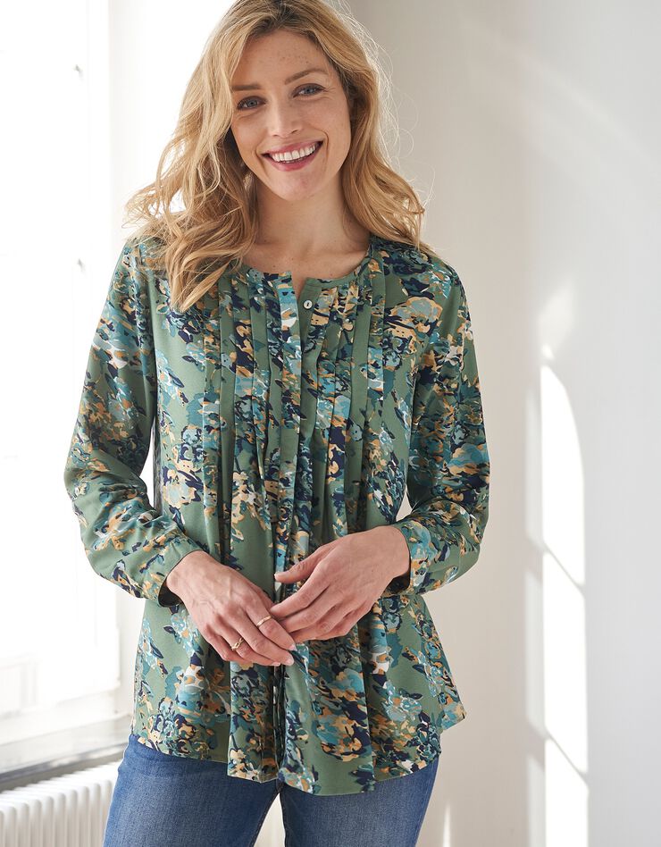 Blouse à plis imprimé fleuri, crêpe (vert) Blouse à plis imprimé fleuri, crêpe (vert)