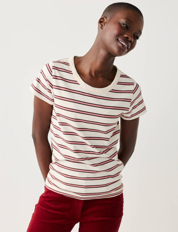 T-shirt ray&eacute; en fils teints col rond, manches courtes (&eacute;cru / rose)