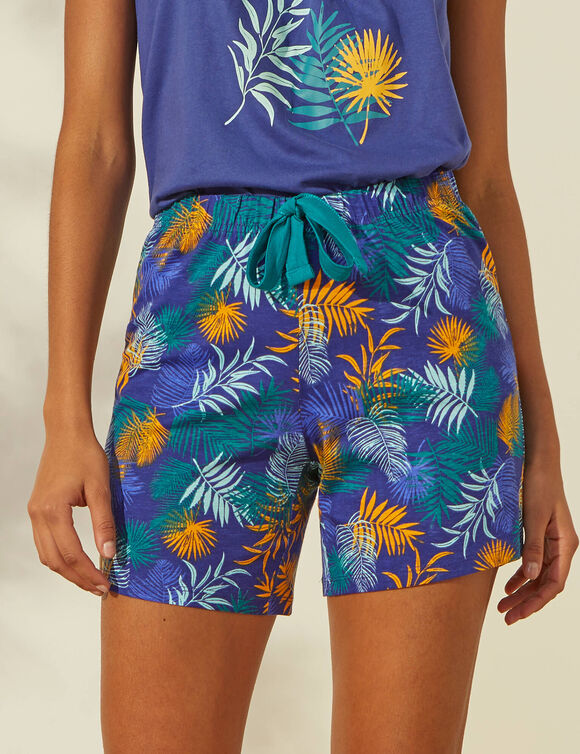 Short de pyjama en coton - imprimé tropical (bleu / safran)