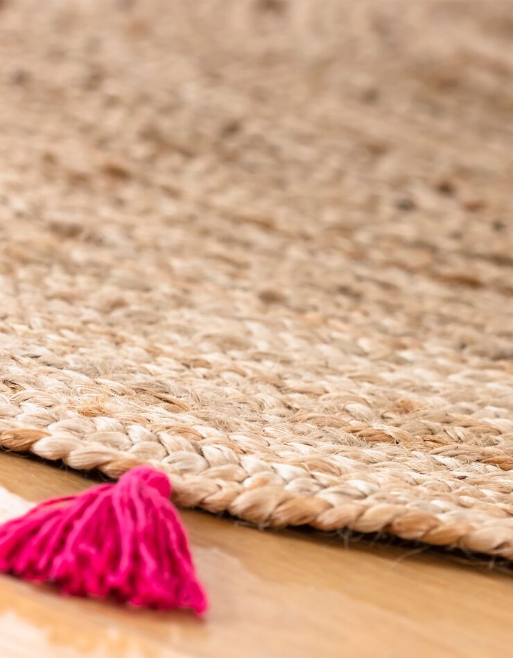 Tapis rond en jute avec pompons de couleur (framboise)