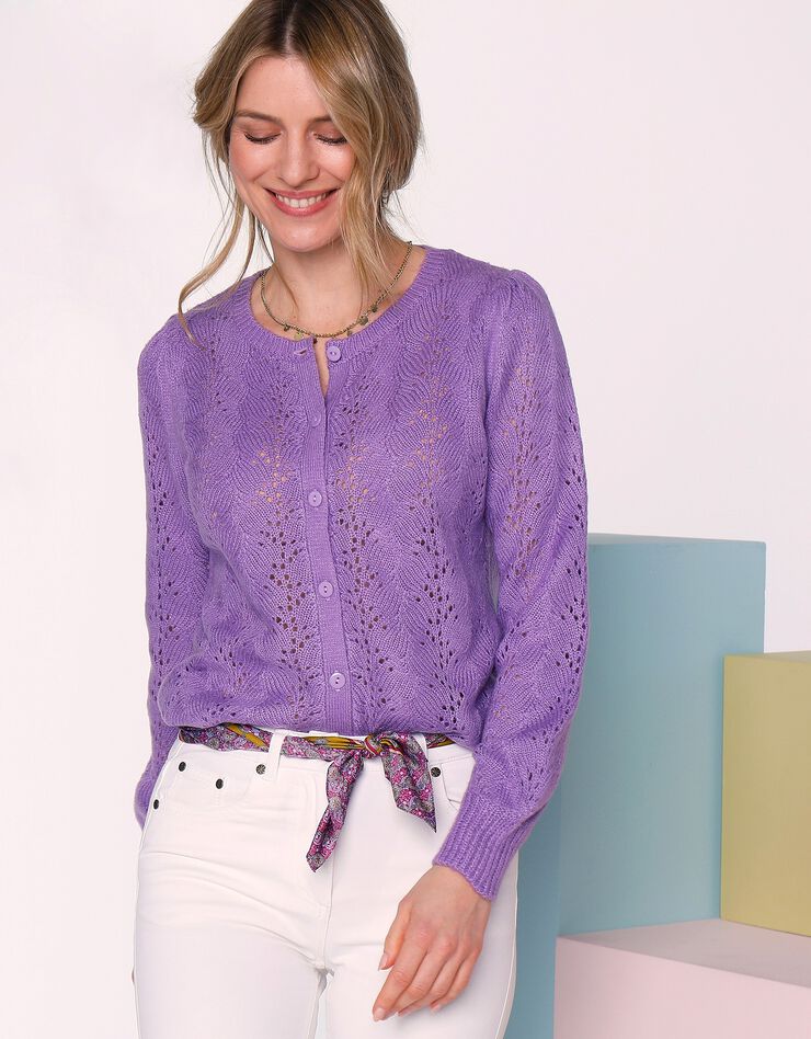 Cardigan boutonné manches blousantes, maille ajourée toucher mohair (parme)