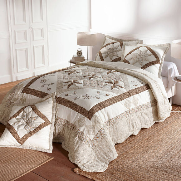 Couvre-lit patchwork imprimé fleurs (taupe)