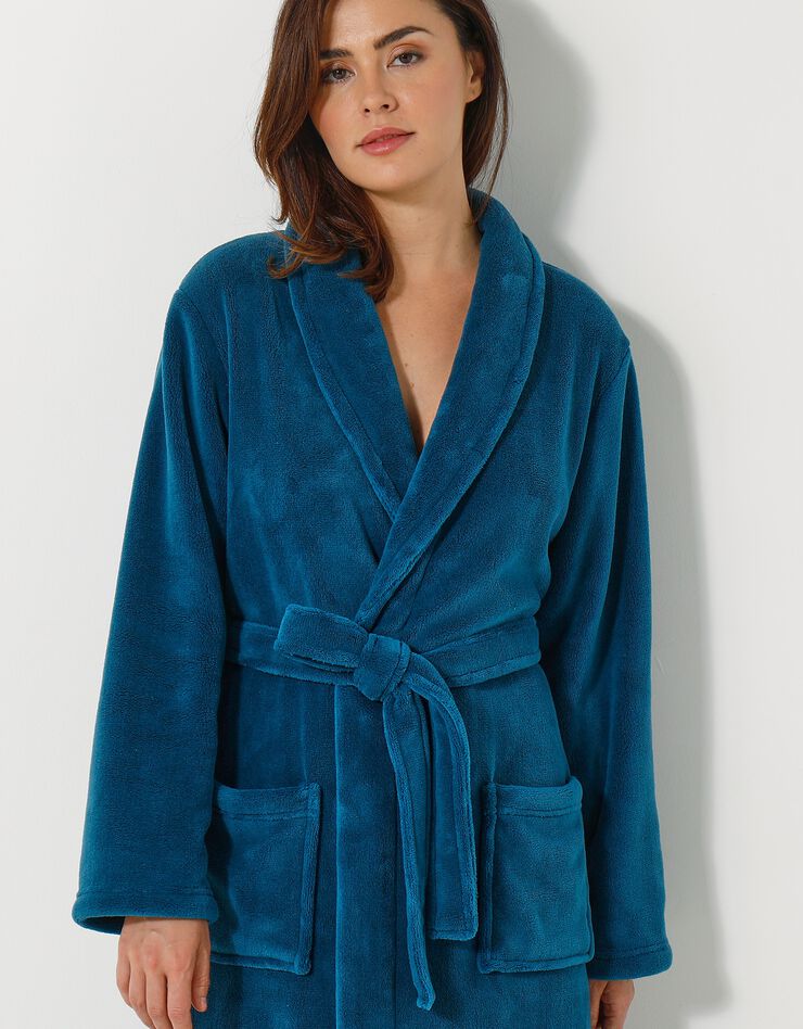 Peignoir mixte adulte col châle, microfibre toucher peluche (bleu paon)