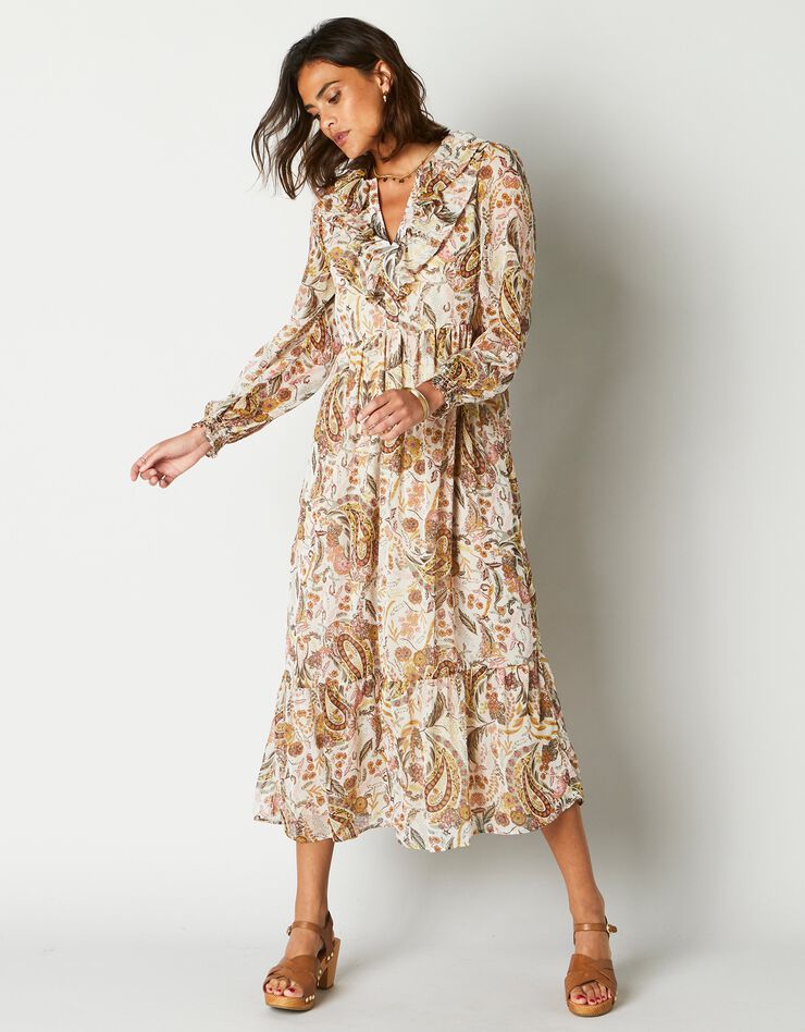 Robe midi volantée imprimée, voile (beige / kaki)