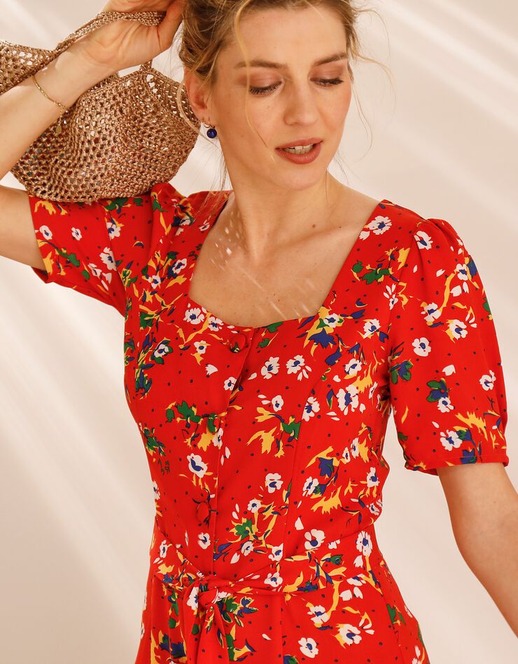 Robe col carré imprimée fleurs, crêpe (rouge / blanc) Robe col carré imprimée fleurs, crêpe (rouge / blanc)
