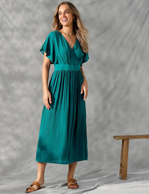 Robe volantée cache-coeur unie, crépon (turquoise)
