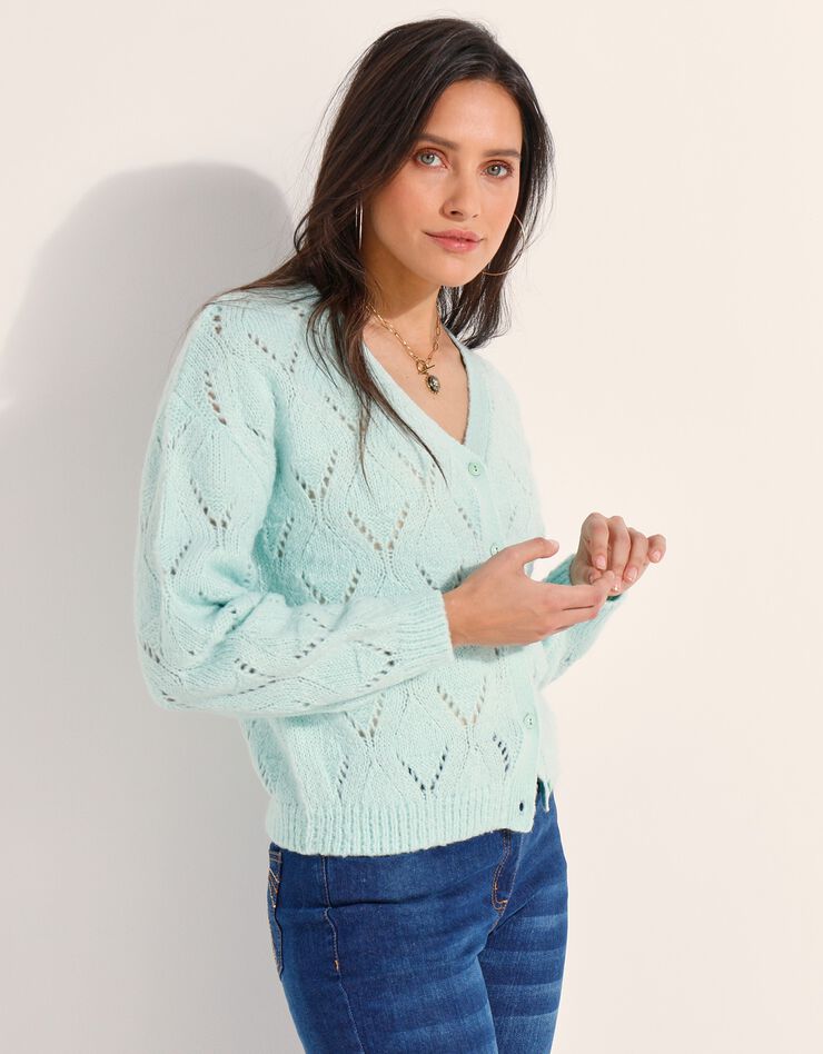 Gilet boutonné, point fantaisie (vert amande) Gilet boutonné, point fantaisie (vert amande)