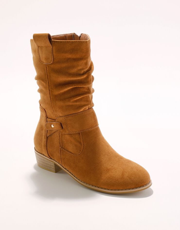Bottes mi-hautes plissées à petit talon effet bois (caramel)