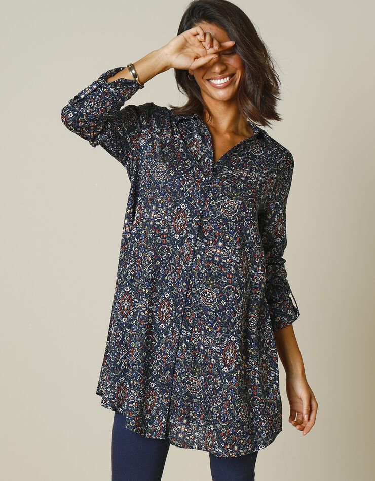 Tunique imprimée cachemire col chemise (marine / tomette) Tunique imprimée cachemire col chemise (marine / tomette)