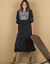 Robe longue manches coudes, broderies contrastées (noir)
