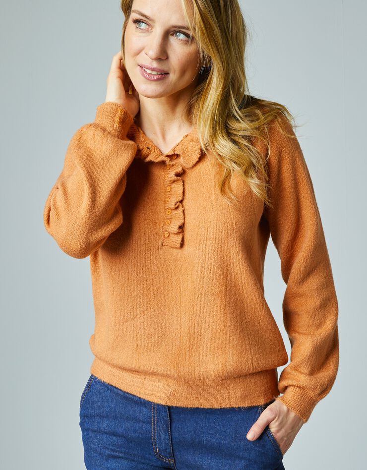 Pull jersey col tunisien volanté (caramel) Pull jersey col tunisien volanté (caramel)