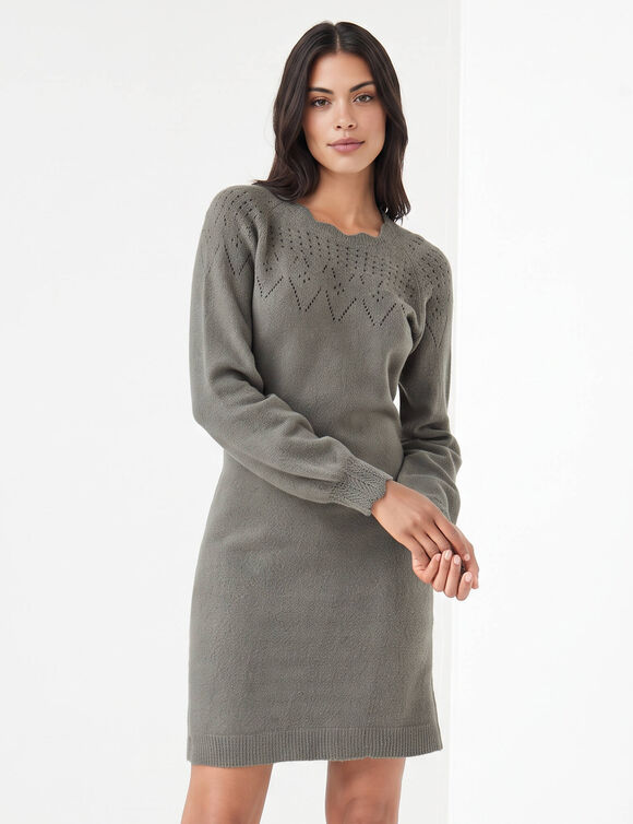 Robe pull finition &eacute;cailles, maille fantaisie (kaki)