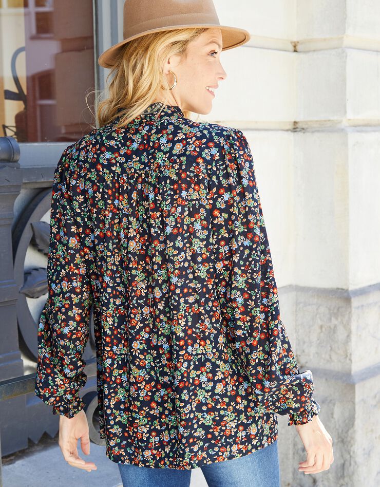 Blouse volantée imprimée, crépon (marine / vert) Blouse volantée imprimée, crépon (marine / vert)