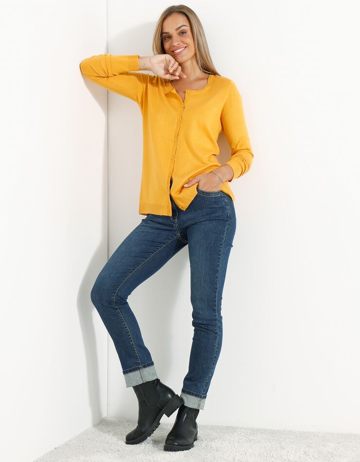 Cardigan boutonné col rond uni toucher cachemire (mangue)