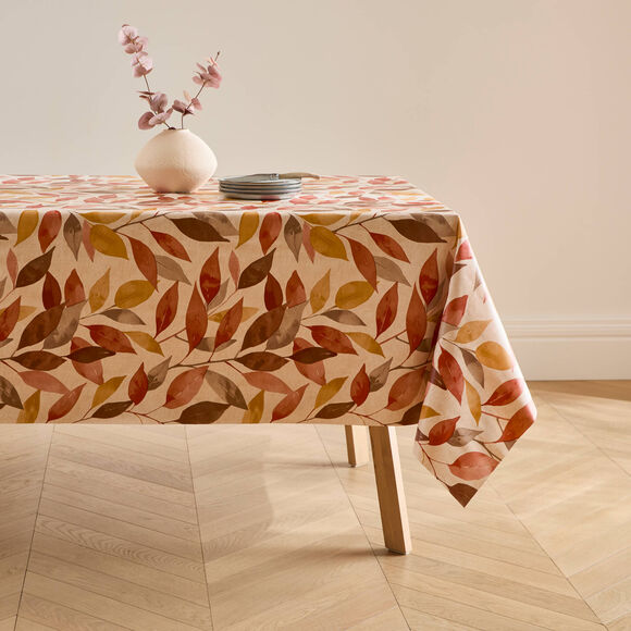 Nappe toile cir&eacute;e imprim&eacute; feuillage (terracotta)