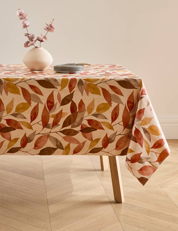 Nappe toile cir&eacute;e imprim&eacute; feuillage (terracotta)