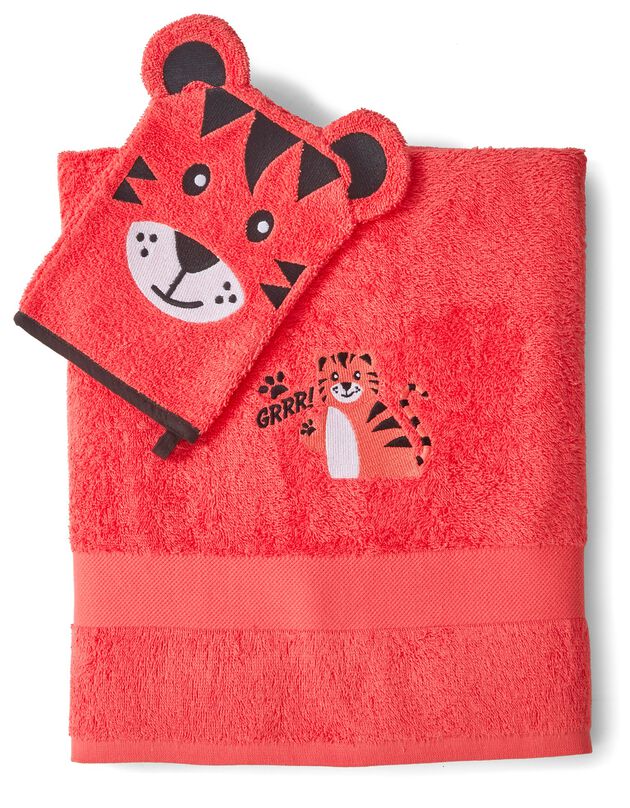 Collection éponge enfant brodée tigre - 380g/m2 (corail)
