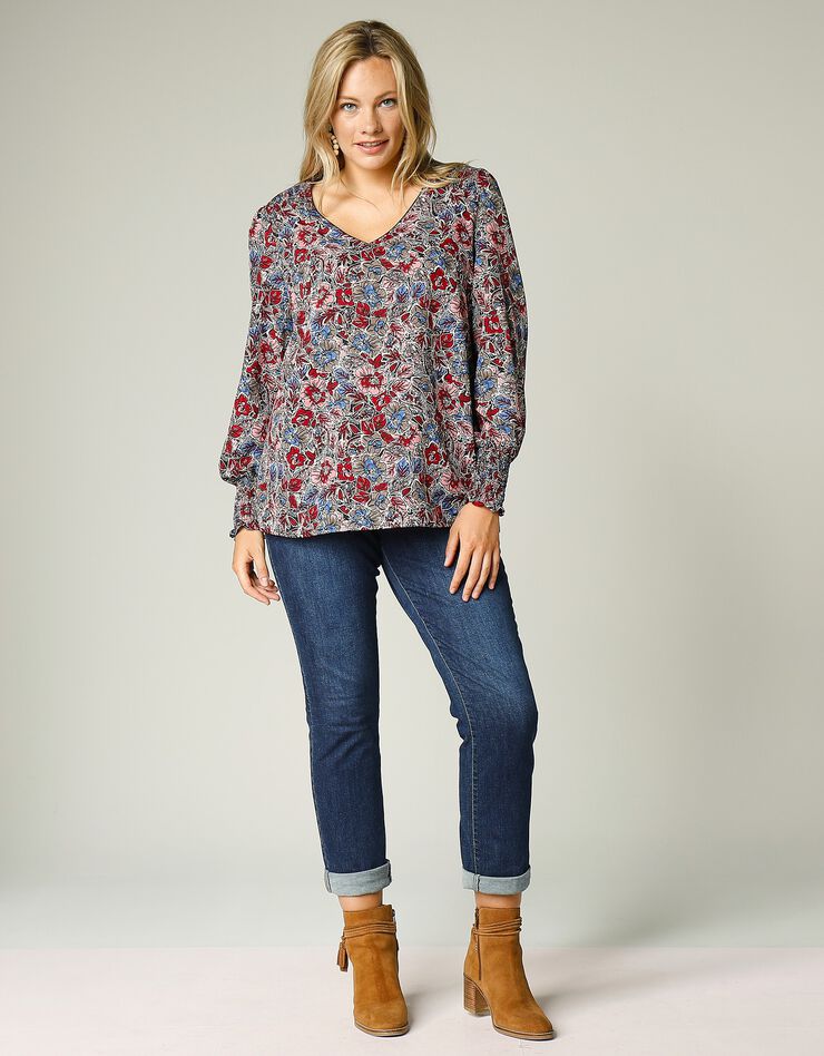 Blouse imprimée romantique col V (noir / rose) Blouse imprimée romantique col V (noir / rose)
